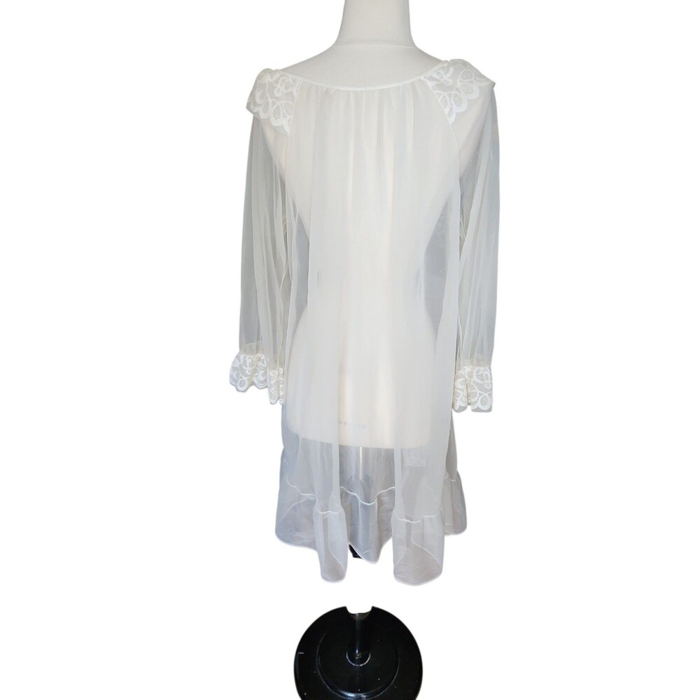 Vintage Sheer Ivory Peignoir Robe Angel Lace Trim Bridal Ethereal Ruffle Dainty - Picture 3 of 9